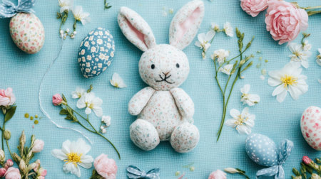 Easter sewing pattern cutouts and soft fabrics prepared for plush bunny craftingの素材