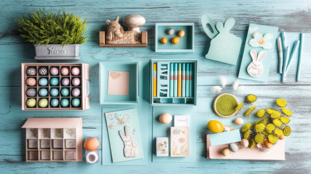 Easter card-making supplies with stamps, pastel papers, markers, and bunny-shaped templatesの素材