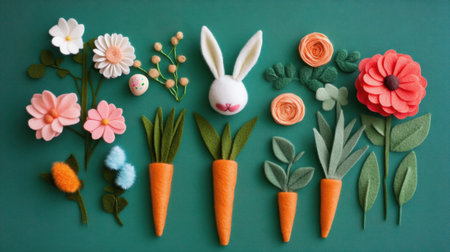 Felt Easter craft projects including bunny ears, carrots, and spring flowers neatly displayedの素材