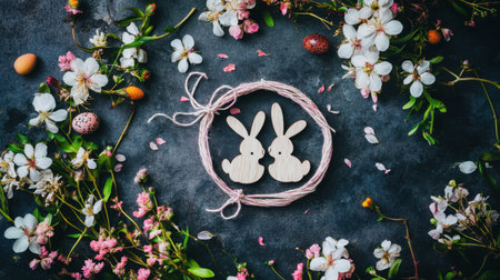 Easter wreath made of bunny-shaped wooden charms, ribbons, and blossomsの素材