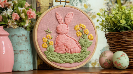 Embroidery hoop Easter craft with bunny silhouette and floral pattern in soft threadの素材