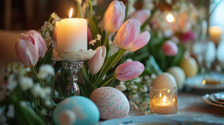 Tabletop Easter centerpiece with pastel candles, eggs, and tulips in soft lightingの素材