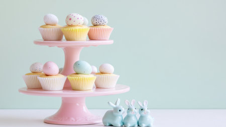 Pastel tiered cupcake stand decorated with mini eggs and small ceramic bunniesの素材