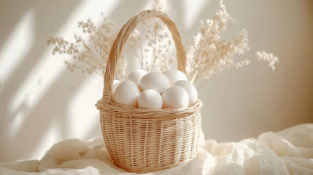 Minimalist Easter basket in monochrome theme with white eggs and natural straw baseの素材