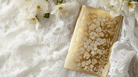 Greeting card with foil-stamped Easter design, placed on a white lace tableclothの素材