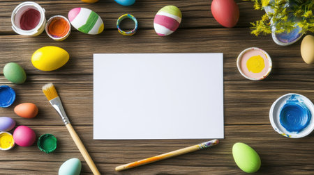 Open Easter greeting card with blank page surrounded by paint, stickers, and cutoutsの素材