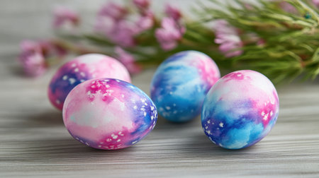 Watercolor-painted Easter eggs in shades of blue, pink, and purple on linenの素材
