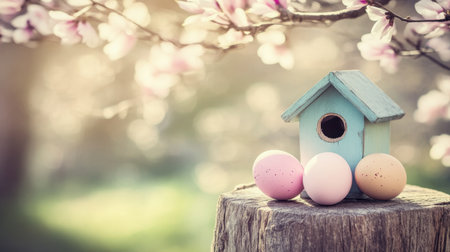 Pastel eggs beside a small birdhouse on a wooden stump in a parkの素材