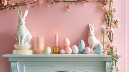 Easter mantel display with bunny statues, egg garland, and pastel candleholdersの素材