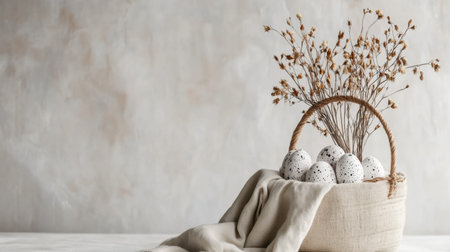 Rustic Easter basket with speckled eggs, dried flowers, and soft fabric liner on a white backgroundの素材