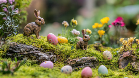 Mini Easter garden with faux grass, miniature bunnies, and tiny pastel eggsの素材