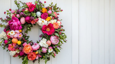 Wreath of vibrant spring flowers with Easter egg decorations hanging on a white wooden doorの素材