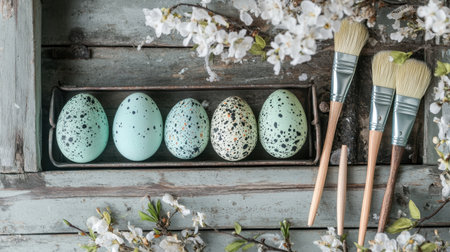 Rustic Easter DIY station with natural dye materials, brushes, and speckled eggs drying on a rackの素材