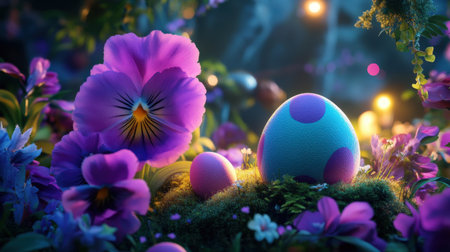 Vibrant Easter egg hunt scene with hidden eggs in garden flowers and green foliageの素材