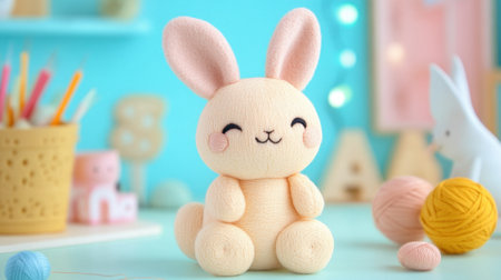 Soft pastel felt bunny plushie in progress with needle and thread besideの素材