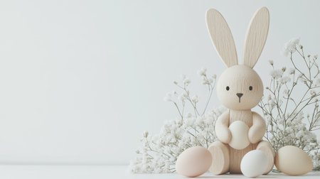 Wooden Easter bunny figure with pastel eggs and floral decor on white backgroundの素材