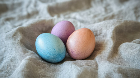 Watercolor-painted Easter eggs in shades of blue, pink, and purple on linenの素材