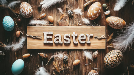 Wooden sign that reads Easter surrounded by decorative eggs and feathersの素材