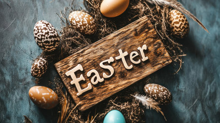 Wooden sign that reads Easter surrounded by decorative eggs and feathersの素材