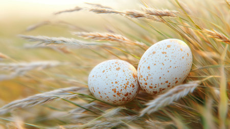 Decorative eggs peeking out from behind tall ornamental grassの素材