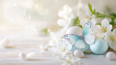 A springtime setting with pastel eggs, blooming flowers, and delicate butterflies resting on the petalsの素材