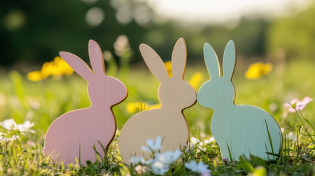 Wooden bunny cutouts painted in pastel colors placed in spring sceneryの素材