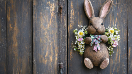 Bunny-shaped wreath with Easter flowers hanging on a rustic wooden doorの素材