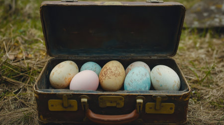 Vintage suitcase in garden hiding pastel Easter eggs partially openedの素材