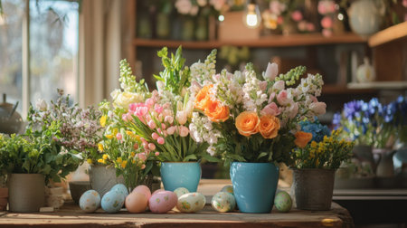 Springtime setting with colorful floral arrangements, Easter eggs, and vibrant greeneryの素材