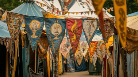Art-themed bunting with illustrations and patterns strung above artist tentsの素材