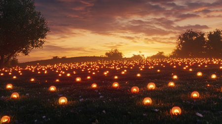 A field decorated with paper lanterns and fairy lights glowing against a sunset skyの素材