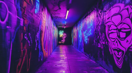 Artistic neon signs glowing in a dark alley during a street art night festivalの素材