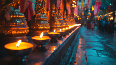 Close-up of decorative candles lit in a row for a cultural night-time festivalの素材