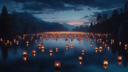 A tranquil lake reflecting hundreds of floating lanterns glowing softly during a nighttime light celebrationの素材