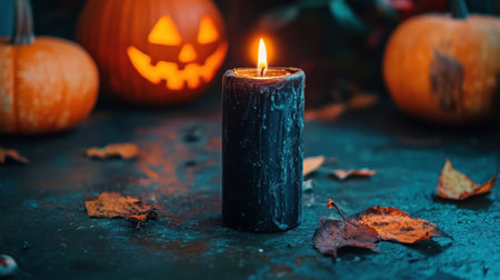 A black candle flickering in a dark room surrounded by eerie Halloween decorationsの素材