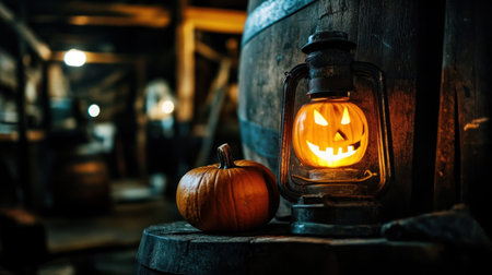 A glowing Halloween lantern resting on an old wooden barrel next to a pumpkinの素材