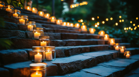 Close-up of candlelit jars placed in rows on stone steps at a night eventの素材