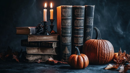 A stack of old Halloween books, candles, and small pumpkins on a dark tableの素材