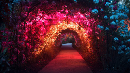 A glowing tunnel of light created by thousands of LEDs forming a colorful pathway through a gardenの素材