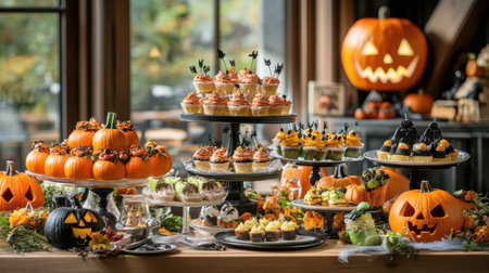 A table set with creepy Halloween desserts, surrounded by pumpkin decorationsの素材