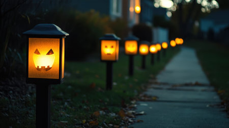 A row of spooky Halloween-themed lanterns glowing in the night, casting shadowsの素材