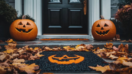A Halloween-themed welcome mat at the entrance of a house, with pumpkins and leaves aroundの素材