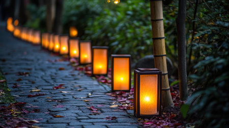 Bamboo lanterns glowing softly along a quiet riverbank during night festivitiesの素材