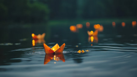 Calm river with reflections of illuminated paper boats and lanterns floating gentlyの素材