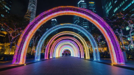 Colorful illuminated arches and pathways lined with LED lights at a modern city light festivalの素材