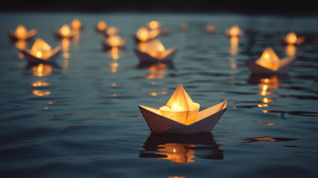 Calm river with reflections of illuminated paper boats and lanterns floating gentlyの素材
