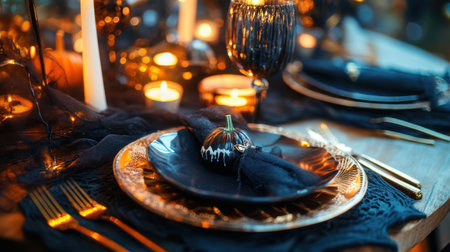 A spooky Halloween dinner setting with candlelight and dark-themed decorationsの素材