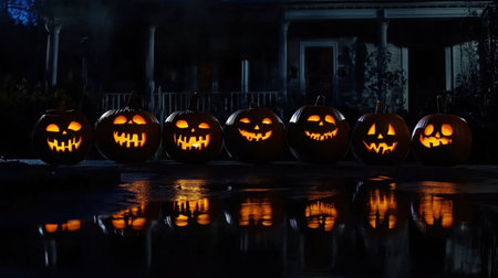 Carved pumpkins with glowing faces lined up on a dark porchの素材
