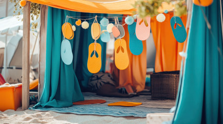 Decorative flip-flop garlands and beach towels set out for a festival by the shoreの素材