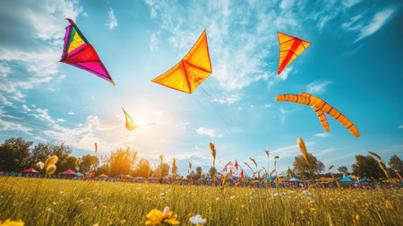 Decorative kites flying above a sunlit summer fair with blue sky and open spaceの素材